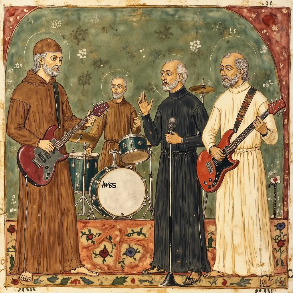 Illuminated manuscript illustration of 4 men wearing monk's robes, on stage as a heavy metal band, the man on the far left has an electric base guitar and brown robes, the second man is behind the others playing the drums while wearing brown robes, The third man is singing into a microphone and wearing black robes, the man on the far right is playing electric guitar and wearing white robes