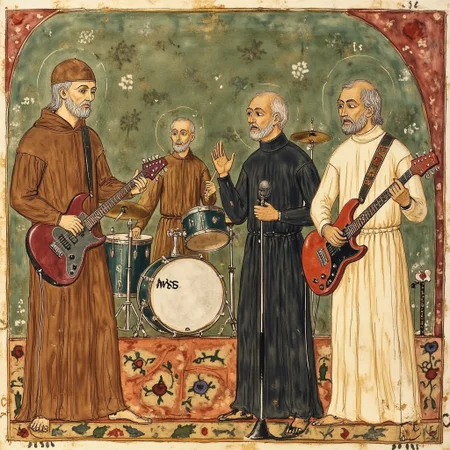 Illuminated manuscript illustration of 4 men wearing monk's robes, on stage as a heavy metal band, the man on the far left has an electric base guitar and brown robes, the second man is behind the others playing the drums while wearing brown robes, The third man is singing into a microphone and wearing black robes, the man on the far right is playing electric guitar and wearing white robes