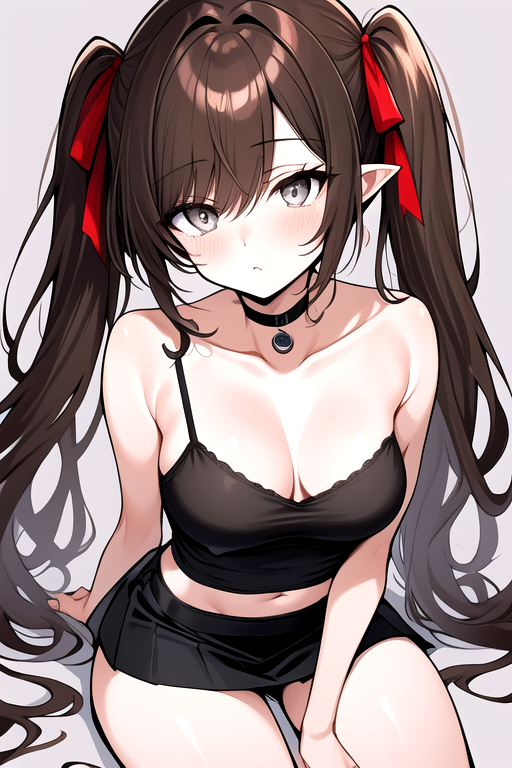 masterpiece, best quality,  <lora:Kra_SD:0.8> k'ra, grey eyes, brown hair, twintails, red ribbons, black camisole, short black skirt
