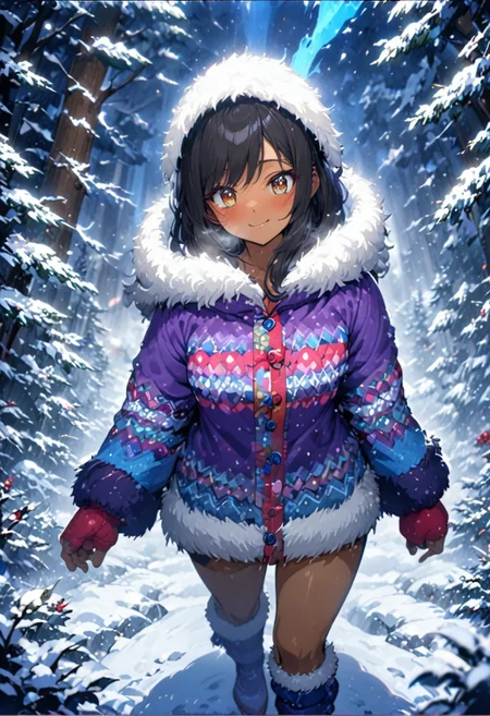 cowboy shot, from the above, walking in forest, conifer trees fill background, asymmetrical background, 1woman, solo, long hair, black hair, Nepal style, long colorful purple fur parka, dark brown eyes, breath fog, eyeliner, brown pants, gorgeous lips, brown skin, tan skin, exploring, fur lined hood, side swept bangs, red mittens, blue snow boots, snowy conifer forest,Himalayas, snow falling, winter season, windy, snow filled sky, night time, happy, smile, blushing, steep, nature, snow, ultra detailed eyes, (masterpiece), (best quality), (ultra-detailed), very aesthetic, illustration, knee high snow, blizzard weather, perfect composition, intricate details, absurdres,
(anime, masterpiece, intricate:1.3), (best quality, hires textures, high detail:1.2), (4k),(incredibly detailed:1.4), perfect anatomy, graceful face, slim, gorgeous lips, UHD, 8K, ultra detailed, a cinematic photograph of HDR photo, full body photo of a beautiful natural woman,