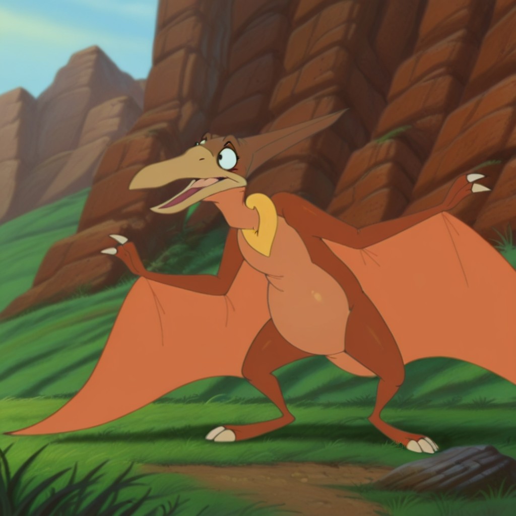 masterpiece, best quality, amazing quality, Pteranolbtil, feral, male, Pteranodon, brown skin, black eyes, winged arms, yellow neck fluff,  standing,  open mouth, grass field, , <lora:61314031-8e85-48c9-a9f0-1b9c9916b6d9:1.0>