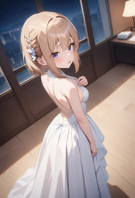 masterpiece,best quality,very aesthetic,absurdres,intricate details,1girl,<lora:shiina_v4_5:1>,shiina,<lora:Fixhands_anime_bdsqlsz_V1:1>,(night:1.2),full_shot,looking_at_viewer,medium_shot,cinematic_angle,light_blush,office,hand_on_own_chest,embarrass,from_back,, masterpiece,best quality, very aesthetic, absurdres, ultra detailed, high resolution, 4k, extremely detailed CG,wedding dress
