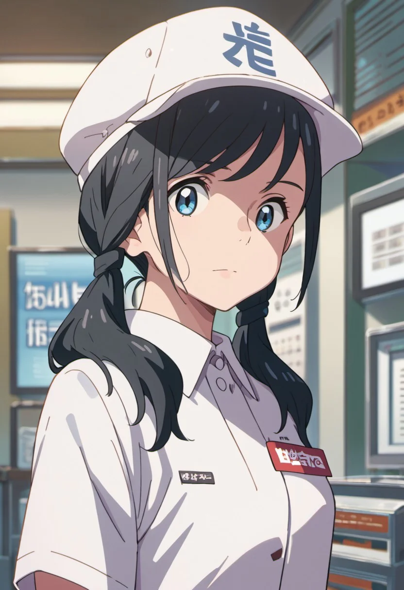 score_9, score_8_up, score_7_up, source_anime,amano hina, black hair, long hair, low twintails, blue eyes, 1girl, solo, hat, uniform, twintails, employee uniform, name tag, shirt, anime coloring, upper body