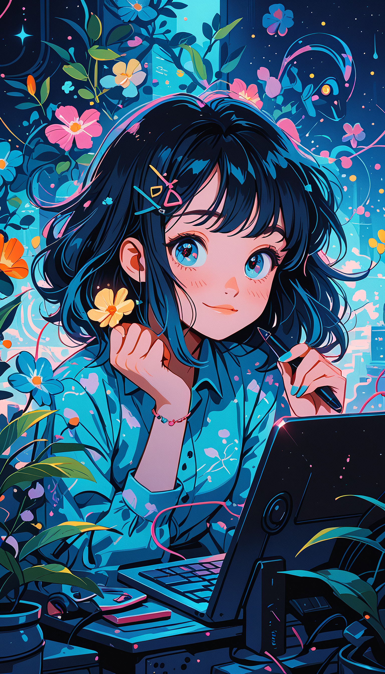 masterpiece, Shinkaistyle,
pinkretroanime, retro art,
Cyberpunk Style, cyberpunk, science fiction, hi tech, future tech, neon, (Cybernetics:1.25), (Neon Cityscape:1.4), (lineless:1.5), smooth edges, (lighten the face:1.5), tall body, slender body, fit body, long legs, The image displays a stylized illustration of an anime-style character in a whimsical environment. The character appears to be a young girl with medium-length dark hair, wearing a blue button-up shirt with a floral pattern on the left side. She is seated at a desk and engages in an activity that suggests creativity or work, as she is holding a pen in her right hand over what appears to be a piece of paper or a small book. Her expression is focused and content, and her gaze is directed upwards, away from the viewer. The setting around her is fantastical, with a vibrant floral pattern on the wall behind her that includes various species of flowers. The background suggests a nocturnal or twilight scene due to the dark sky with hints of stars. A bright moon illuminates the area, casting a soft glow that enhances the magical atmosphere. The artwork is rich in color, with dominant hues of blues, greens, and purples contributing to a serene and enchanted mood. There are no visible texts or distinctive brands within the image. The style of the illustration conveys a sense of tranquility and inspiration, as if the character is immersed in a moment of creative thought or storytelling under the gentle light of a celestial body., 1girl, solo, long hair, looking at viewer, blush, smile, short hair, bangs, blue eyes, shirt, black hair, hair ornament, long sleeves, holding, jewelry, sitting, closed mouth, blue hair, upper body, flower, short sleeves, sidelocks, hairclip, collared shirt, indoors, hand up, hair flower, medium hair, bracelet, book, hands up, dress shirt, night, buttons, bird, leaf, floral print, blue shirt, x hair ornament, plant, white flower, red flower, star \(sky\), blue nails, reflection, blue flower, blue theme, pajamas, hairpin, yellow flower, holding flower, pen, potted plant, computer, monitor, laptop, penguin, holding pen, orange flower, keyboard \(computer\), stylus, flower pot, drawing tablet, aqua shirt, morning glory, holding stylus