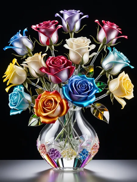 Hyperrealistic, a stunning bouquet of roses made entirely of glass shards, with each petal and stem meticulously crafted from transparent glass of various colors. The glass petals are intricately detailed, each shard reflecting and refracting light in a mesmerizing array of vibrant hues, creating a kaleidoscope effect. The glass stems are slender and elegant, supporting the delicate glass roses. The bouquet is arranged beautifully in a crystal vase, which also reflects the intricate details of the glass roses. The background features a soft, neutral tone to emphasize the sparkling and colorful beauty of the glass bouquet. High detail and complexity, vibrant colors, dynamic lighting, immersive and surreal atmosphere