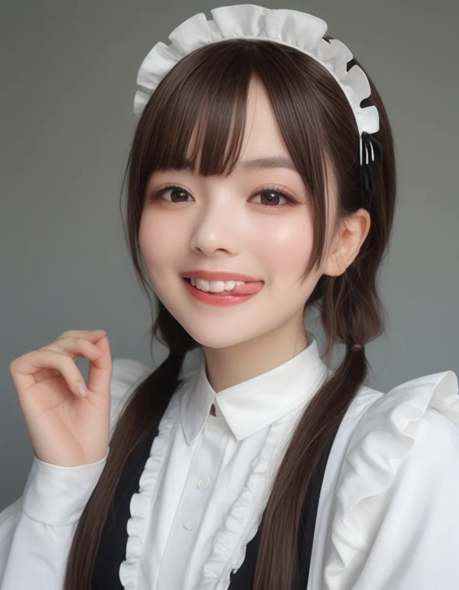 score_9, score_8_up, score_7_up, high quality, masterpiece,
Hight detail RAW color photo, professional photograph,
Cinematic Light, (Composition from the waist up),
japanese girl with Pigtails hair, cute idol, Brown eyes, evil grin,
She is wearing a maid outfit with frills,
sticking out side tongue, peromilk <lora:peromilk:0.8>