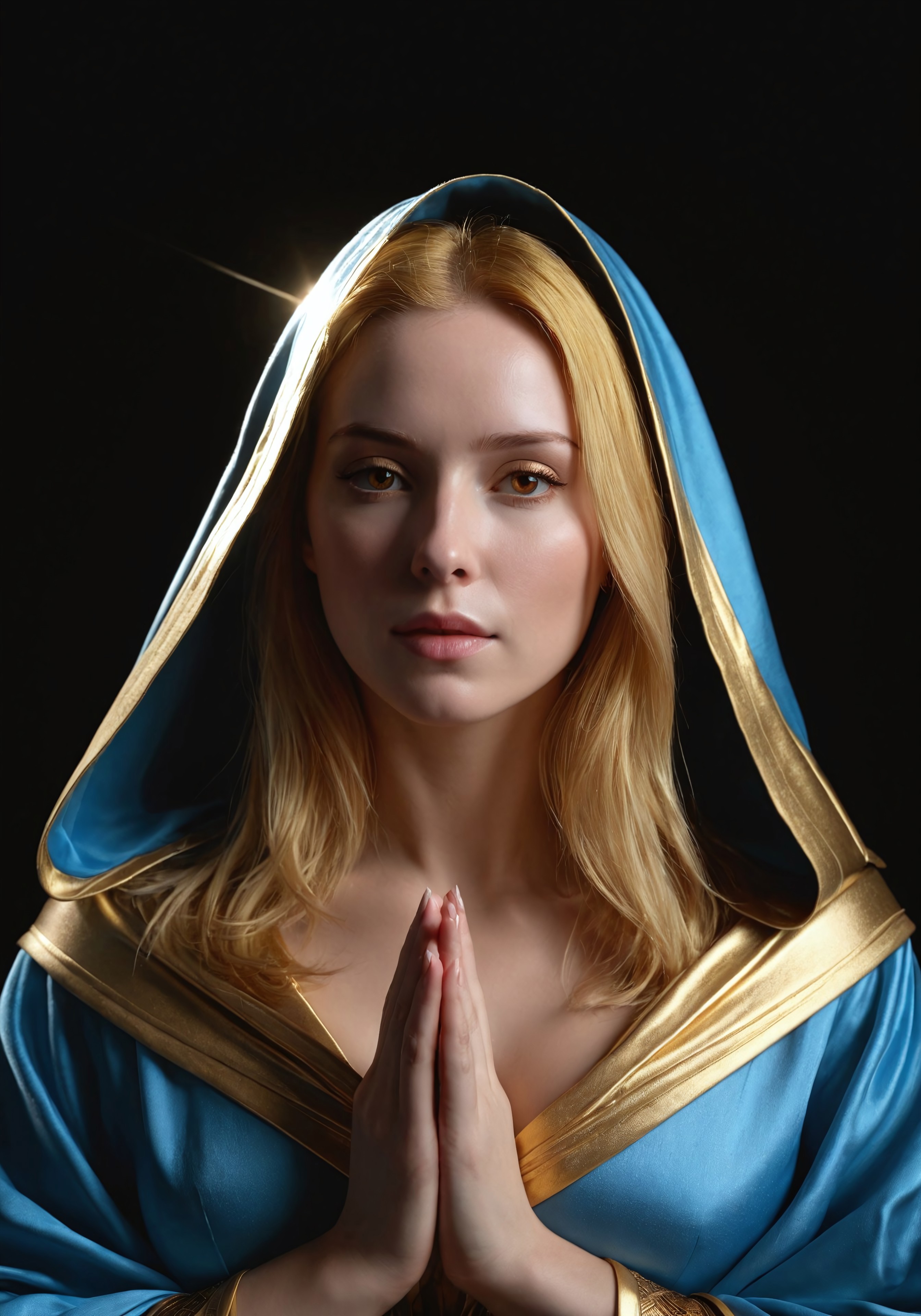 Ultrarealistic, photorealistic, realistic, 8k, HDR, masterpiece.
The black background of the dark room, a lone ray of light falling from above highlights a beautiful woman with pale skin, (glowing golden eyes: 1) and golden hair. She wears a sky-blue cloak that conceals her completely, leaving only her face and palms folded in a gesture of prayer.
Close artistic portrait