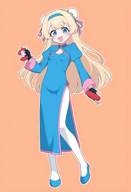 masterpiece, best quality, 1girl,
shoes, dress, blue dress, tareme, smile, full body, looking at viewer, china dress, gloves, hair ribbon, blonde hair, fingerless gloves, long sleeves, black gloves, ribbon, chinese clothes, puffy sleeves, side slit, open mouth, :d, holding, blush, long hair, juliet sleeves, blue eyes, standing, hairband, pantyhose, bun cover, blue footwear, hair bun, double bun, pink ribbon, white legwear
<lora:hagoonha:1>