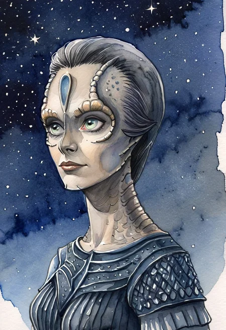 ((watercolor sketch) of a female c4rd45514n alien, forehead crest, grey skin, ridges, scales), black starry night time sky background full of stars, dressed in medieval garb