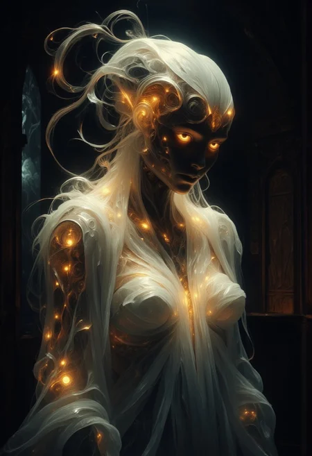 An ethereal, glowing, ghostly, otherworldly presence of a woman like creature, with glowing silver strands of metallic hair, softly glowing in a dimly lit room. She has no skin, she is made up of ethereal tendrils of smoke, glowing plasma, light and mist that undulating and shifts, as if she exists between worlds, with soft, shimmering edges blending into the shadows. Her eyes are deep and luminous orbs, filled with warmth and mystery, as she gazes directly at you, her lips curved in something resembling a gentle, knowing smile. She is wrapped in a glowing, linen shroud. The room is bathed in a soft, mystical glow, with faint, swirling patterns of ethereal light surrounding her, adding to her supernatural allure. Floating through space. There is also a small woman in the room, with dark hair and dressed in a flowing red robe, looking up at the larger than life ethereal creature and basking in her glow.