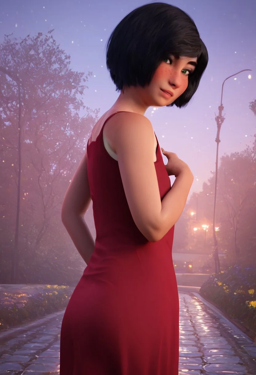 mariolina_red_rtzbb, 1girl, tanned skin, short black hair, thick eyebrows, dark green eyes, freckles, sleeveless red dress, score_9_up, score_8_up, score_7_up, BREAK, 1girl, solo, from behind, looking back, head tilt, looking at viewer, ultra detailed, detailed background, park, night, masterpiece, best quality, 8k, Expressiveh, realistic, 3d, portrait, cowboy shot, flat chest, handfixer