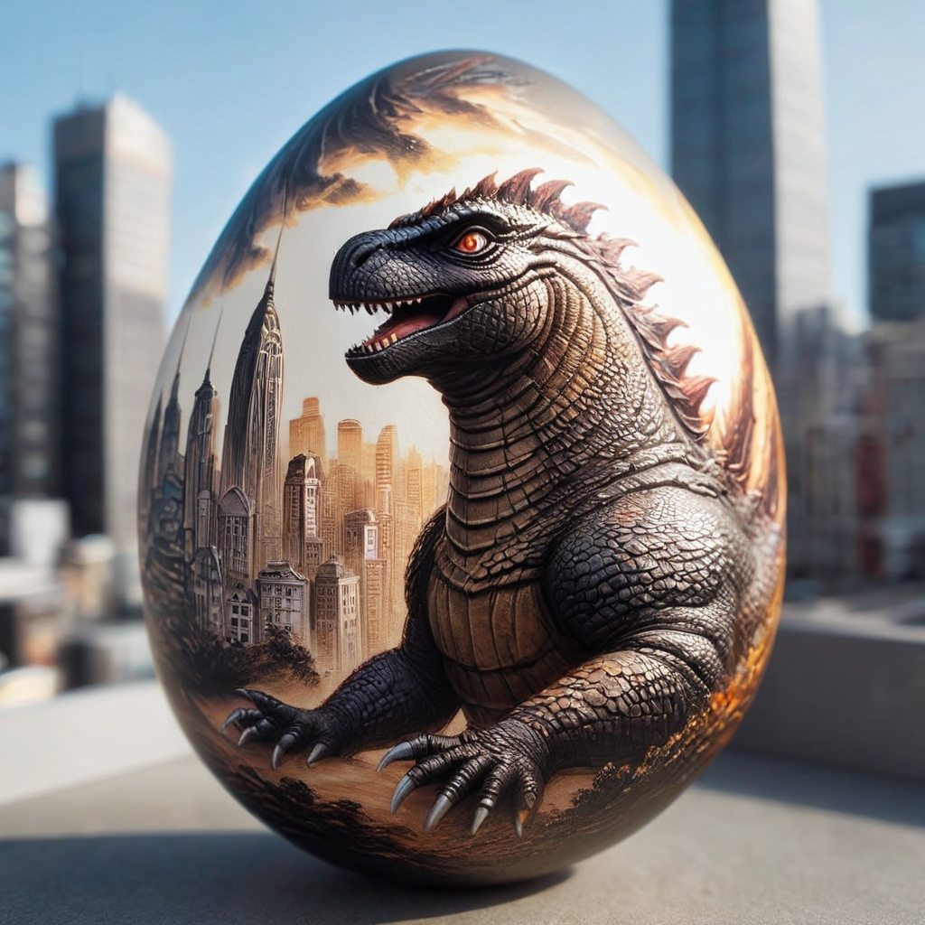 egg, godzilla,  (high detailed skin:1.2), city, 8k uhd, dslr, soft lighting, high quality, film grain, Fujifilm XT3, egg-art <lora:egg-art-000006:1>