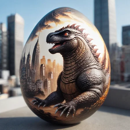 egg, godzilla, (high detailed skin:1.2), city, 8k uhd, dslr, soft lighting, high quality, film grain, Fujifilm XT3, egg-art <lora:egg-art-000006:1>