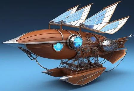 lumenarium, flying ship at space, big sail like solar panels, stary sky, aether nebulas, realistic, wooden hull with metal elements, blue glowing energy sail:2 , silver metal, guns on board, hight tech, steampunk, wings like solar panels