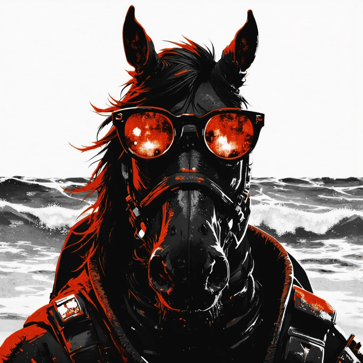 bo-neon, ArcaneFGTNR, a digital illustration in a vibrant, gothic style, 
A Horse wearing cool sunglasses, lounging on a sandy beach with waves crashing behind. The lobster's red shell gleams in the sunlight, and its oversized sunglasses reflect the bright blue sky., 
in the style of hauntingly atmospheric dark fantasy, VHS, horror, 80's horror with vibrant colors
 the background is a solid, bright yellow, which contrasts sharply with vivid colors, stand out vividly, the overall composition is dynamic, high quality, ultra detailed, colorful, grainy, cyberpunk fantasy <lora:ArcaneFGTNR.safetensors:1.0:1.0> <lora:Flux\boFLUX Neon Abyss.safetensors:1.0:1.0>