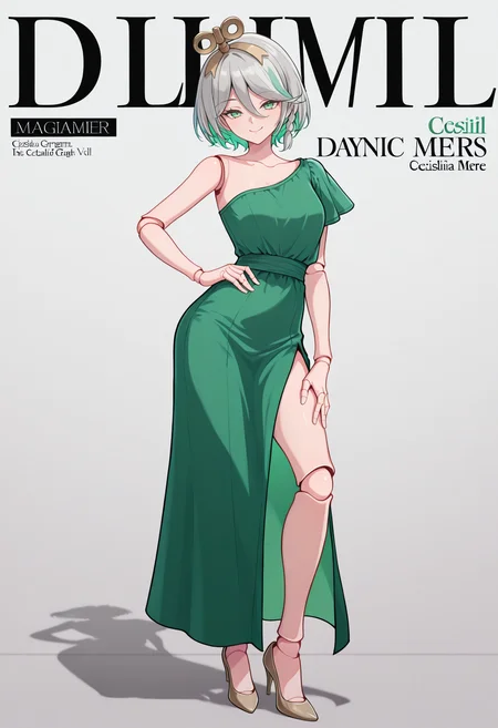 masterpiece, best quality, 1girl, solo, CeciliaImmergreen, green eyes, winding key hair ornament, doll joints, grey hair, colored inner hair, streaked hair, short hair, side braid, green dress, single bare shoulder, side slit, high heels, hand on hip, smile, magazine cover, pose, dynamic pose, photo shoot, <lora:ChamCeciliaImmergreenIllustriousXL:1>