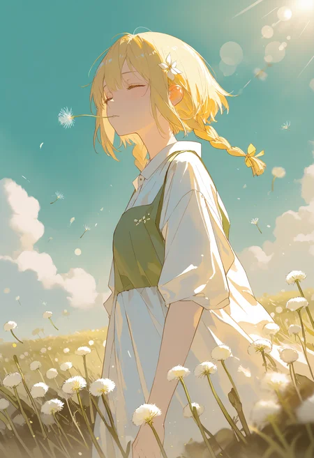 masterpiece, best quality, good quality, very aesthetic, absurdres, newest, Wide Shot, Atmospheric Perspective, A melancholic young girl,by rella, very sad, she has long and smooth eyelashes,The droplets of water glisten like tiny diamonds on her hair and clothes, lost in thought. Two cute short braids with bows,Biting a dandelion seed,
Dandelion seeds blowing in the wind,
Blonde hair,
dandelion seed, day, plant, seed, sunlight, Lens Flare,Depth Of Field, <lora:ponyv4_noob1_2_adamW-000017:0.7> <lora:748cmSDXL:0.8>