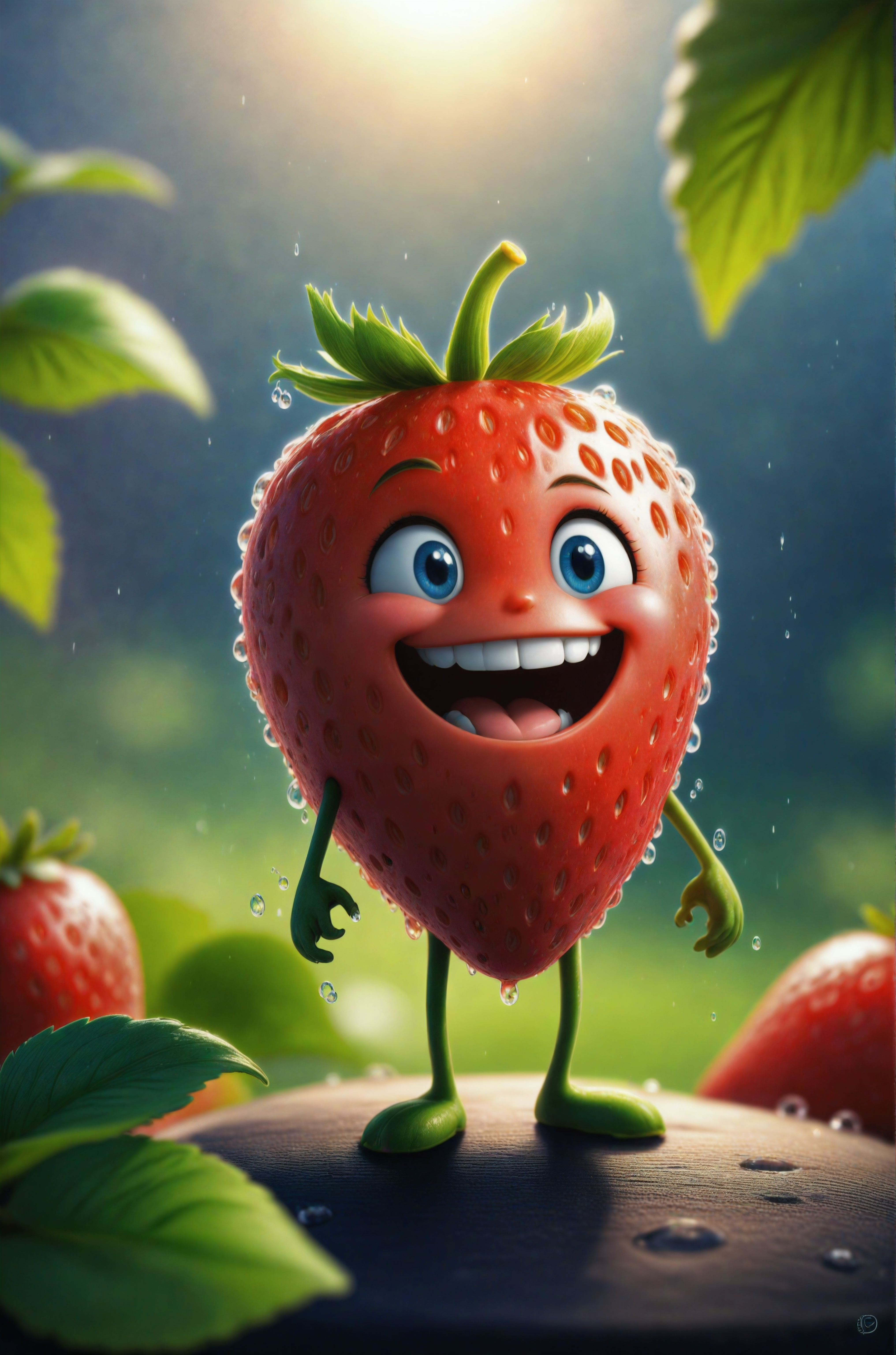 ((masterpiece:1.3,concept art,best quality)),very cute appealing anthropomorphic strawberry,looking at the viewer,big grin,happy,fruit,berry,droplets,macro,sunlight,fantasy art,dynamic composition,dramatic lighting,epic realistic,award winning illustration