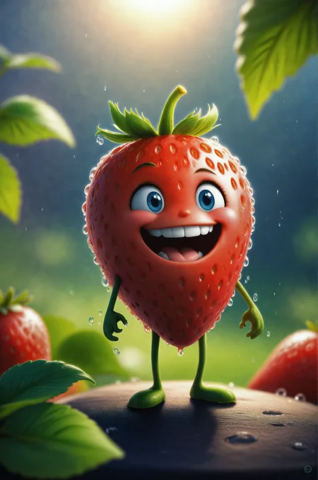 ((masterpiece:1.3,concept art,best quality)),very cute appealing anthropomorphic strawberry,looking at the viewer,big grin,happy,fruit,berry,droplets,macro,sunlight,fantasy art,dynamic composition,dramatic lighting,epic realistic,award winning illustration