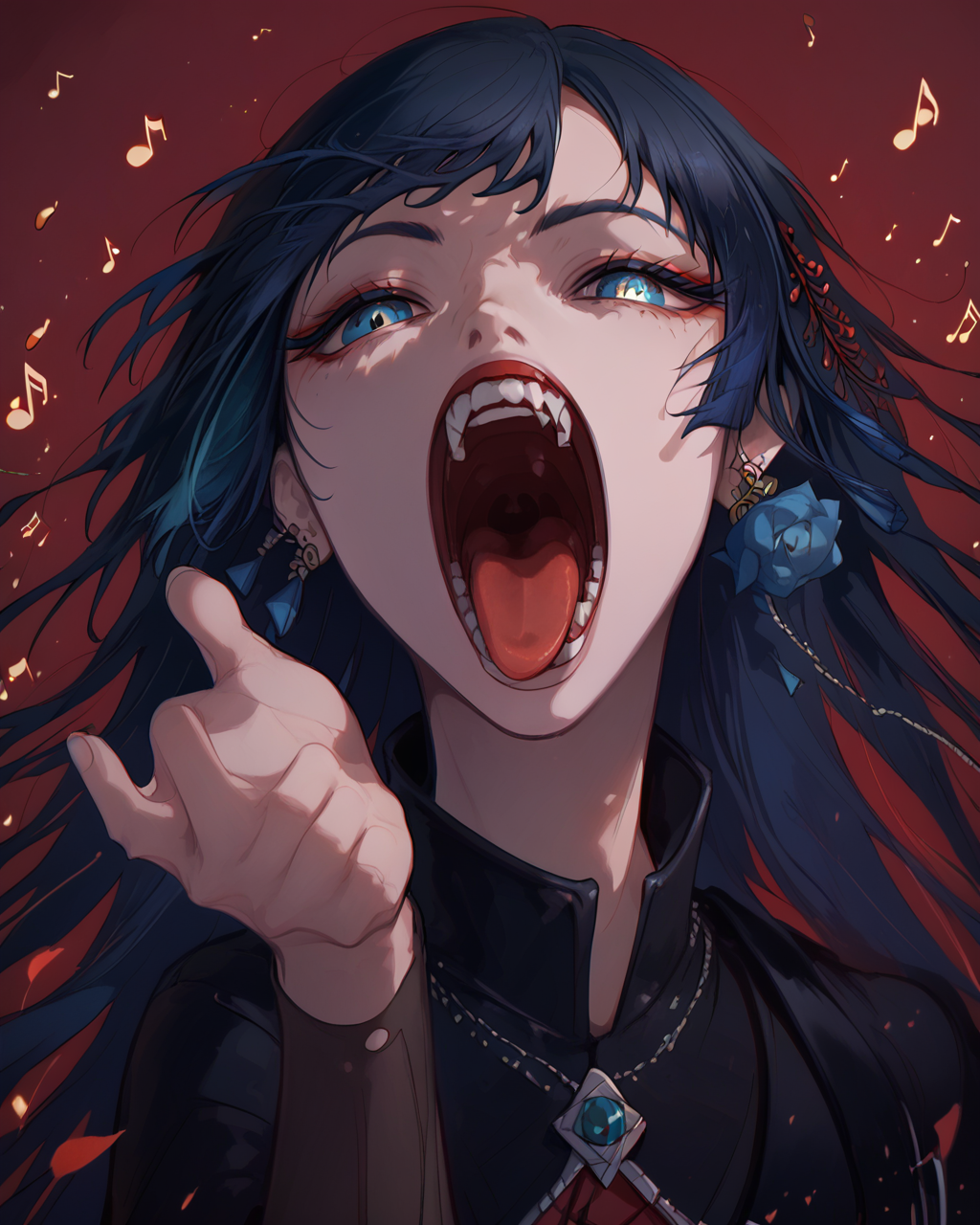 <lora:Ad0CharaPDXL_v1:1>Ad0CharaPDXL, 1girl, solo, skirt, looking at viewer, open mouth, tongue out, shouting, singing, blue flower,, <lora:princess_xl_v2:0.8><lora:g0th1cPXL:0.3> g0th1cpxl<lora:Expressive_H:0.8> ExpressiveH<lora:NAI Smooth Boys Style SDXL_LoRA_20r_20e_8i_nr32_a16_Pony Diffusion V6 XL:0.8> score_9, score_8_up, score_7_up,