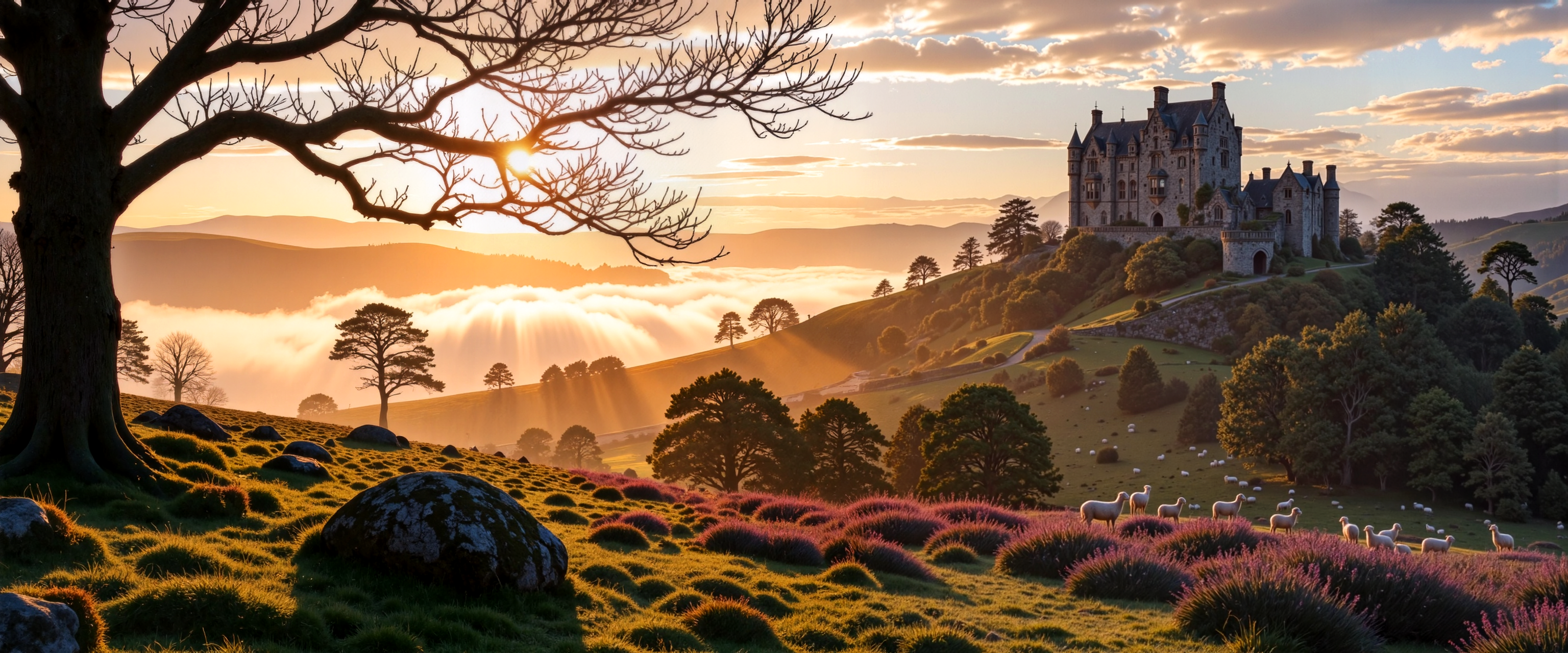 masterwork landscape photography of the scottish highlands in the style of janek sedlÃ¡Å, highly aesthetic, masterful composition, a grand medieval castle rests on a hilltop, its silhouette emerging from thick morning mist, surrounded by the gentle rise and fall of distant scottish moorland, the structure is partially obscured by fog and framed by bare-branched trees and low stone walls, conveying timelessness and serenity. in the foreground, a gnarled tree stands sentinel over a dew-soaked meadow, its silhouette sharp against the soft light of dawn, the field below is dotted with blooming patches of vivid purple heather and mossy, overgrown rocks, a sturdy, picturesque dry stone wall runs diagonally through the scene, adding a natural sense of composition and scale. the middle ground is blanketed in thick layers of rolling fog, drifting through valleys and softening the contours of the land, solitary trees dot the ridgelines and appear as faint silhouettes in the distance, while above it all, the sun peeks over the horizon, casting soft golden light across the landscape. the scene evokes a quiet, dreamlike atmosphere, blending mystery with peace, the rich textures of grass, stone, and wood contrast subtly with the velvety softness of the fog, the colors are muted yet rich, with warm sunrise hues blending into cold purples and greys, anchored by the deep green of scottish earth. wide-angle landscape shot, low camera angle looking upward toward the hill and castle, subtly guiding the eye from foreground to background, rule of thirds followed in the placement of horizon and focal elements. soft, diffused golden hour light filtered through morning mist, natural vignetting created by atmospheric haze, gentle bloom on highlights, delicate contrast and tonal depth throughout. shot on a leica s3 with 120mm film stock, medium format photography with fine grain and cinematic depth, image has a painterly, award-winning quality, carefully color-graded for ethereal realism, ovg, rembrandt lighting style, <lora:style-rembrandt_lighting-xl-by_vantablackdark:0.64>