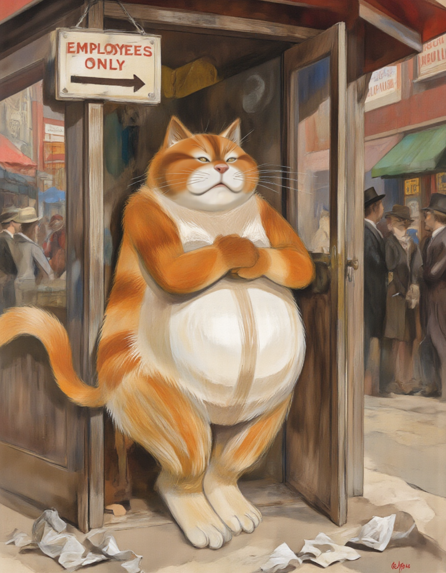 <lora:chizhic:1>, This is a digital painting depicting a humorous scene. The central figure is a large, anthropomorphic orange tabby cat with a round, chubby body and a white underbelly and face. The cat stands in the doorway of a small, rustic building, looking slightly embarrassed. Its front paws are clasped together, and it has a slightly worried expression on its face. Above the cat, on the wall, is a sign that reads "EMPLOYEES ONLY" with an arrow pointing to the left., 
The background reveals a bustling street scene with several people dressed in early 20th-century attire, including hats and suits, indicating a historical setting. The street is lined with buildings, some with signs and awnings, and the overall atmosphere is lively. The ground is covered with crumpled paper, suggesting a busy, cluttered environment., 
The painting is done in a detailed, realistic style with a slight touch of whimsy, capturing the essence of a vintage illustration. The colors are rich and vibrant, with warm tones dominating the scene, and the textures are smooth and well-defined, contributing to the overall charm and humor of the image.