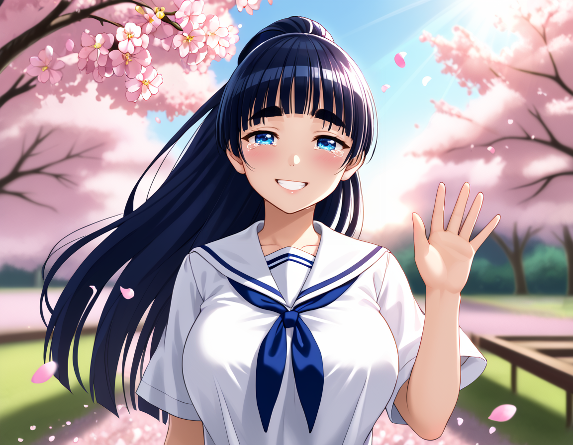 Score_9,Score_8_up,Score_7_up,<lora:Ebino_Mei_Pony:1>,ebino mei,long hair,high ponytail,blunt bangs,thick eyebrows,blue eyes,tall female,large breasts,
a beautiful girl with tears streaming down her cheeks,smiling gently,waving goodbye,emotional farewell scene,dramatic lighting with soft backlight and rim light,sunlight shining through her hair,sparkling tears catching the light,wind blowing her hair and clothes slightly,soft glow,cinematic atmosphere,bittersweet expression,close-up portrait,ultra-detailed face and eyes,shallow depth of field,soft focus background,
in a Japanese school uniform,cherry blossoms falling,sunset background,waving,narrowed eyes,i'm tilting my head,tears,smile,sad,
a beautiful girl in the center smiling with tears in her eyes,waving goodbye,emotional farewell atmosphere,all characters smiling with a hint of sadness,dramatic golden hour lighting,backlit by warm sunset,soft rim lighting on hair and faces,wind gently blowing clothes and hair,cherry blossom petals floating in the air,cinematic framing,captured moment,nostalgic tone,natural expressions,emotional anime style,
