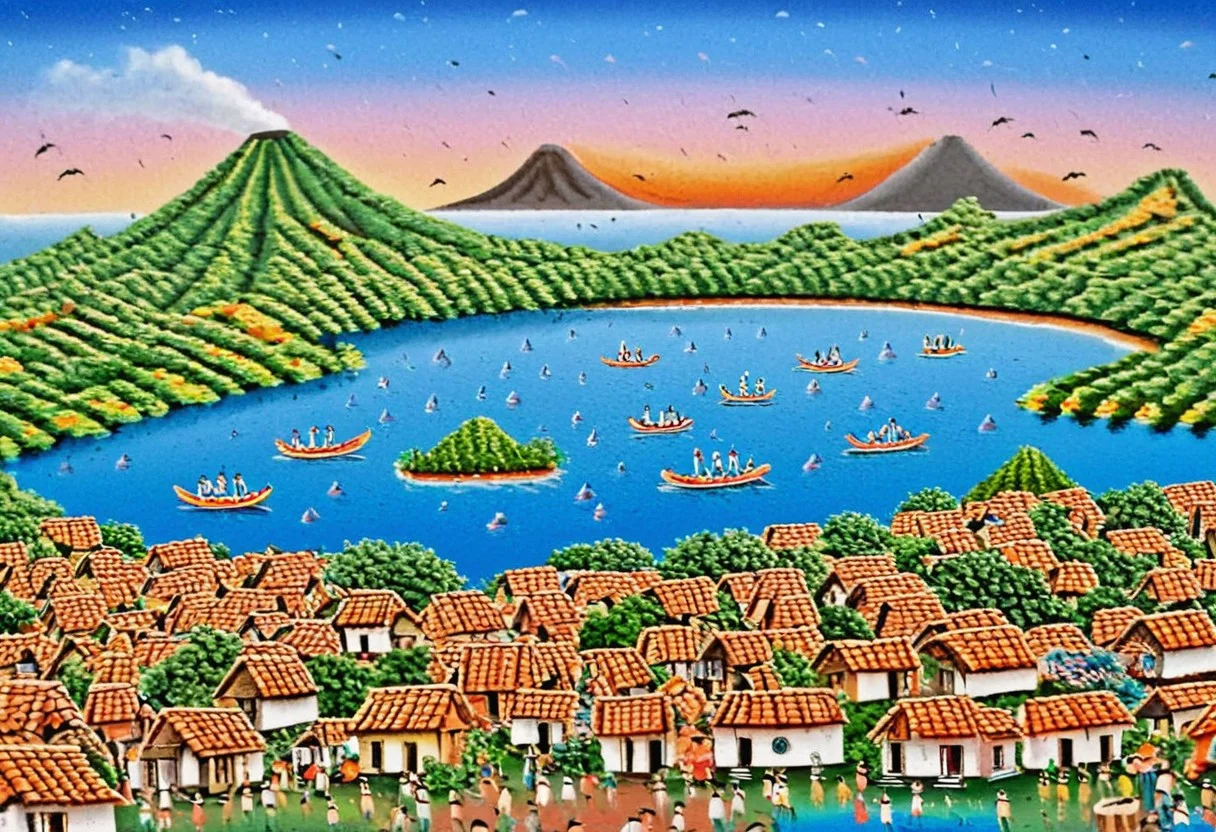 small village with many people in the street, infront of a lake and volcano, birds in the sky, canoes, sunset (Nicaragua Primitivism)