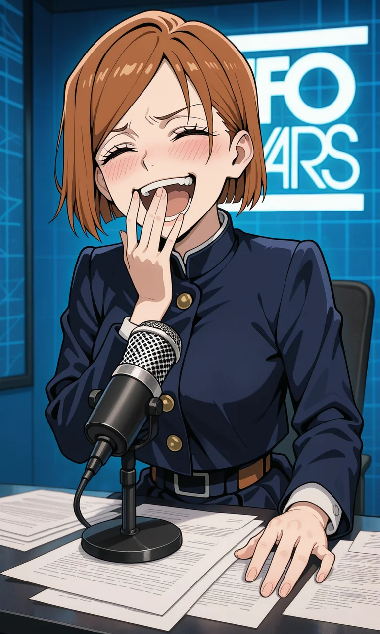 embedding:IllusP0s, info wars, white logo, blue wall, microphone, desk, 1girl, laughing, hand over own mouth, blush, kugisaki_nobara<lora:info_wars.safetensors:1.0:1.0>