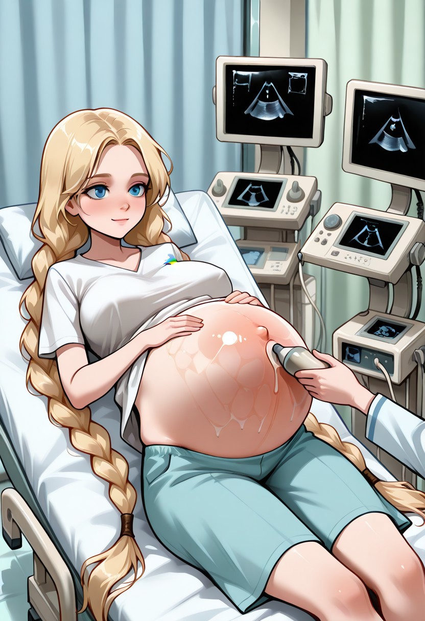easynegative, negative_hand, slavya, large breasts, slavya, blonde hair, very long hair, long hair, twin braids, blue eyes, 
<lora:Ultrasound_V2:1> ultrasound, pregnant, caressing pregnant belly ((Pregnant belly torpedo)), ((pronounced belly)), (11 months pregnant overdue), indoors, hospital bed, shorts, white shirt, looking at monitor, shirt lift, lying, doctor, multiple hands, 
light smile, amazing background,