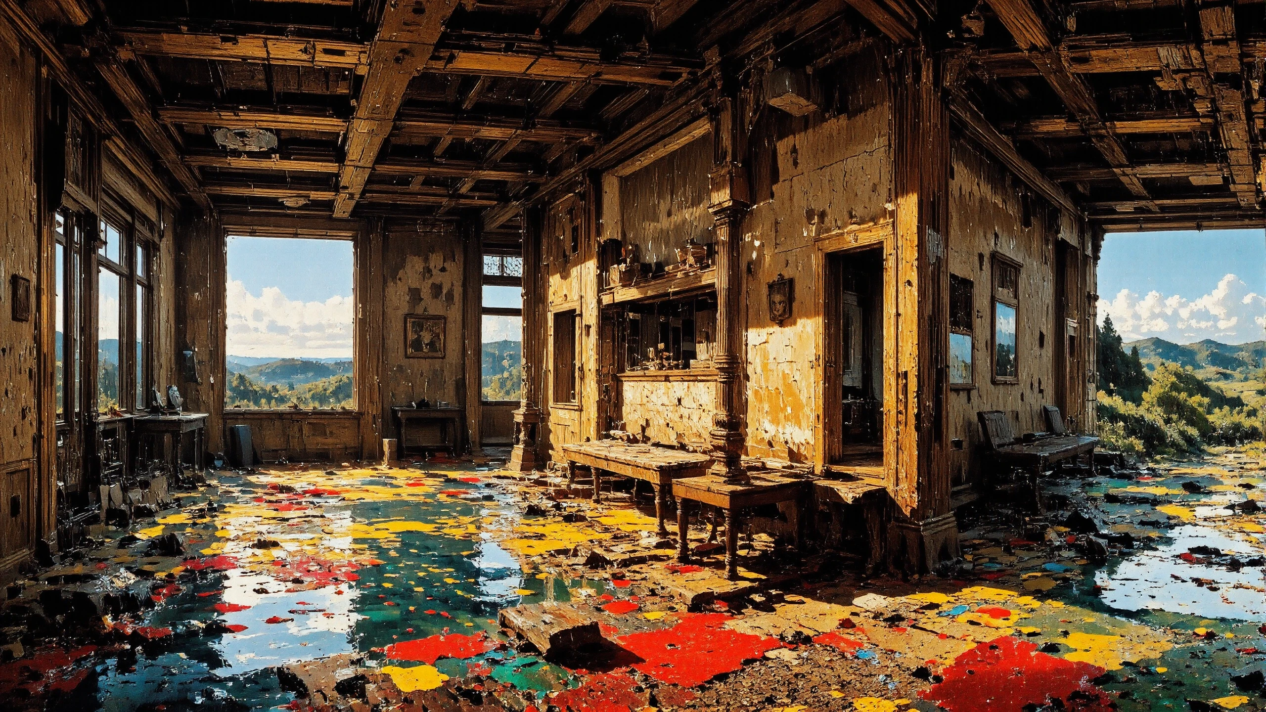 creepy mansion interior, construction site, beautiful surreal horror landscape, phantom, skull, monster, woman, paint stains in the water, vivid colors, colorful, multilayer paint splash style, <lora:Hand v2:1> <lora:Anti-Blur:1> <lora:Insane Detail Slider:0.5>   <lora:Flux.1_Turbo_Detailer:0.6>   <lora:flux-photo-transparent_Alpha_1.0:0.8> <lora:flux.1_lora_flyway_Epic-detail_v2:1>   <lora:Painterly01b_CE_FLUX_AIT:0.8> pntrlyCE_style <lora:PsykeV1:1>  <lora:VividlySurreal:1>