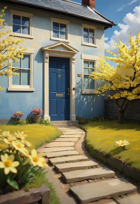 <lora:artfully_DIORAMA_SDXL_V1:1>, artdrm, ((diorama, shadow box)), union jack, house, blurry, cloudy sky, door, path, sunlight, nature, yellow flower, blue sky, solo, cherry blossoms, still life