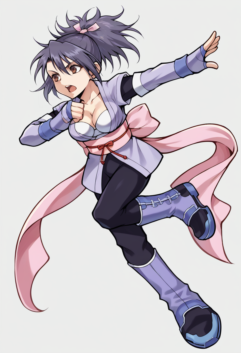 score_9, score_8_up, score_7_up, source_anime, BREAK 1girl, solo, open mouth, standing on one leg, tripping, panic, <lora:zs_OperaOmniaStyleXL:1> operaomniastyle, full body, white background, <lora:SheenaToS-pdxl:1> defSheena, ponytail, hair ribbon, japanese clothes, detached sleeves, fingerless gloves, large breasts, cleavage, white bra, obi, pink bow, black pants, purple boots
