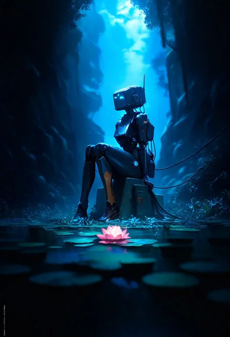 masterpiece, best quality, good quality, very awa, very aesthetic, absurdres, newest, solo, sitting, flower, outdoors, water, no_humans, depth_of_field, looking_up, robot, scenery, nature, mecha, science_fiction, cable, radio_antenna, lily_pad, lotus, humanoid_robot, Robot Uprising,Apocalyptic Earth,Futuristic, Cinematic Lighting <lora:spo_sdxl_10ep_4k-data_lora_webui:0.6> <lora:ponyv4_noob1_2_adamW-000017:0.7> <lora:USNR_STYLE_XL_lokr:0.45> <lora:748cmSDXL:0.4>