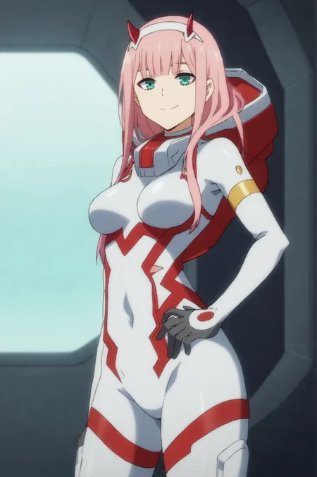 <lora:Zero_Two:0.7>,  Zero Two, 1girl, solo, breasts, looking_at_viewer, smile, closed_mouth, standing, horns, hand_on_own_hip, bodysuit, skin_tight, science_fiction, white_hairband, pilot_suit, white_bodysuit, cockpit <lora:sdxl_lightning_4step_lora:1>