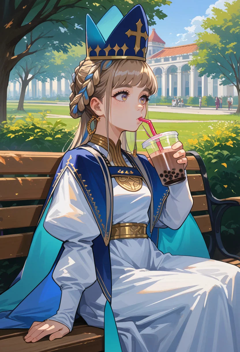 score_9, score_8_up, source_anime, 1girl, solo, PopeJoanBase, long hair, braided hair rings, mitre, blue headwear, white dress, jewelry, juliet sleeves, blue cape, outdoors, sitting, on bench, drinking, sipping, straw, bubble tea, <lora:ChamPopeJoanPonyXL:1>