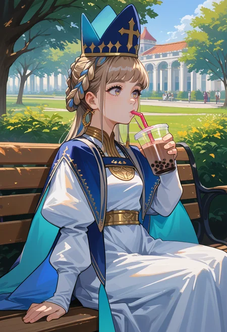 score_9, score_8_up, source_anime, 1girl, solo, PopeJoanBase, long hair, braided hair rings, mitre, blue headwear, white dress, jewelry, juliet sleeves, blue cape, outdoors, sitting, on bench, drinking, sipping, straw, bubble tea, <lora:ChamPopeJoanPonyXL:1>