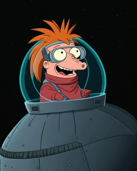 A cartoon of a FuturamaStyle KippiBenKippod on a spaceship <lora:Kippi_Ben_Kippod_SDXL:1.0> <lora:SDXL-FuturamaStyle-Lora:0.8>