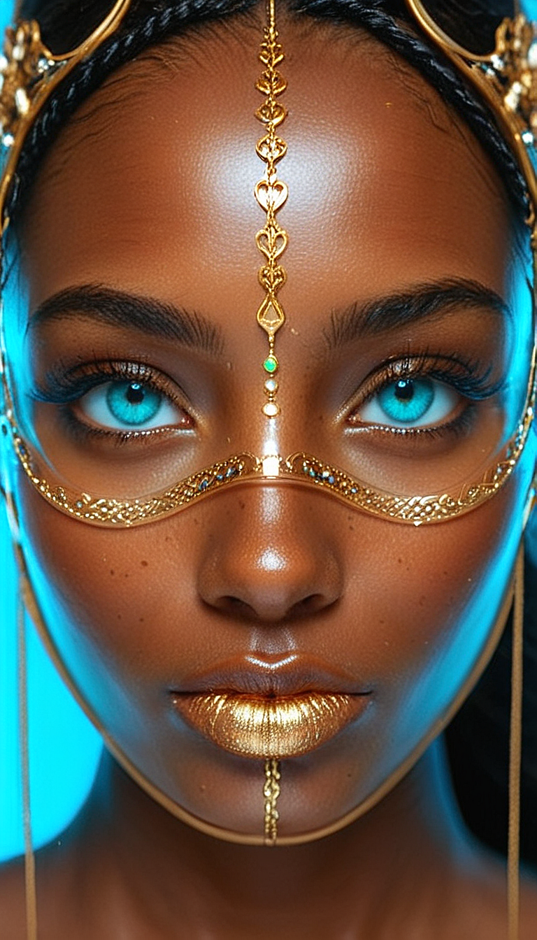 Close-up gorgeous girl face , cute, dark skin,  bang, freckles, (striking large turquoise eyes), aligned eyes, mirror eyes, (half smile),
BREAK,
(wearing transparent  Venetian Mask with intricate very detailed gold filigree), (thin detailed gold filigree), wavy hair, braid,
long lashes, trendy portrait,
tender Aesthetic nose, Aesthetic chin, ears, puffy lips, sensual lips, detailed texture, detailed eyes, detailed skin, clean skin,
<lora:Someplastic:1>, (ultra sharp focus:1.8), (detailed skin:1.8), (thin lines:1.8), (best quality:1.8),
<lora:Apparatus_-_Traction_City_Walkers_Vehicles:0.7>,
<lora:add-detail-xl:2> (ultra sharp focus:1.8), (detailed skin:1.8), (thin lines:1.8), (best quality:1.8),
<lora:glowneon_xl_v1:0.8>