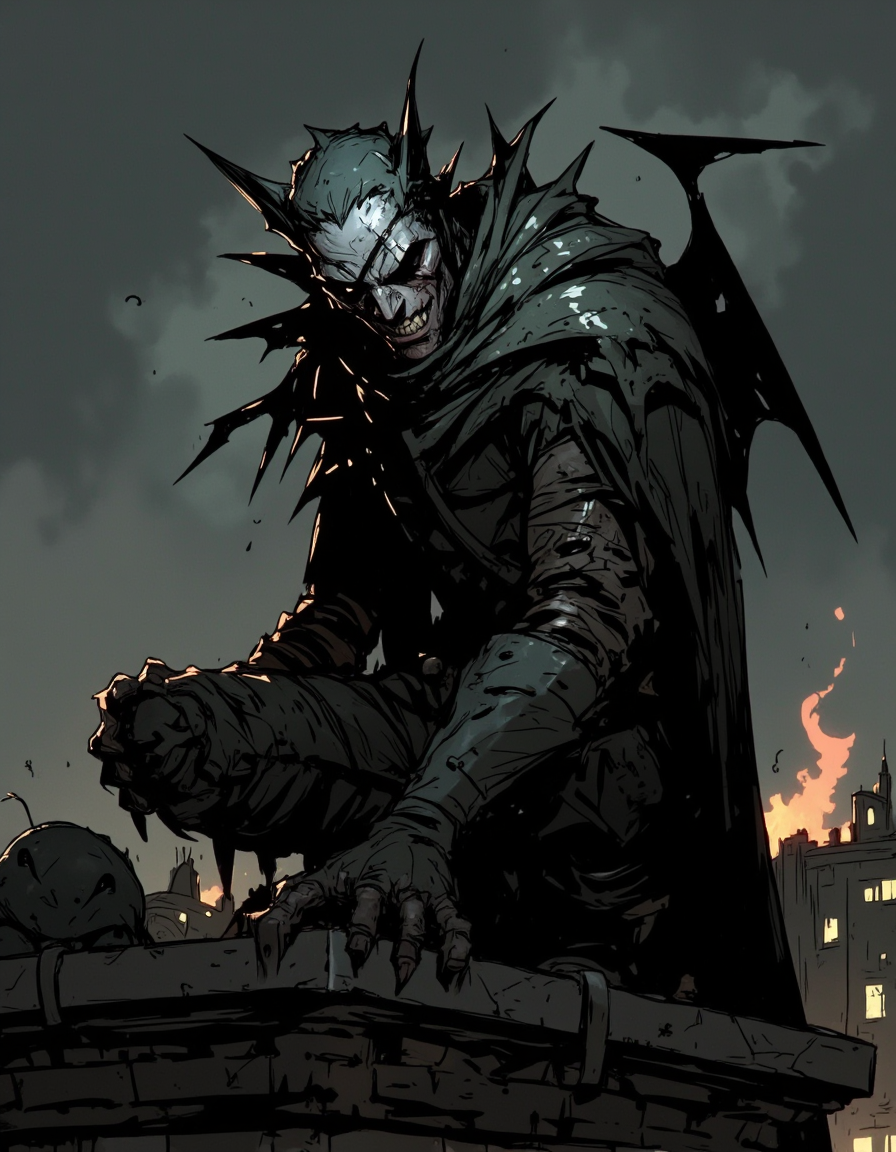 Ev Ganin style. This is a digital drawing in a dark, gritty comic book style. The subject is a menacing figure with a bat-like appearance, perched atop a rooftop under a stormy sky. The character has dark, almost black skin and is wearing a dark, armored suit with intricate, jagged designs that suggest a blend of bat wings and armor. The suit has a rough, rugged texture with visible cracks and wear. <lora:Ev_Ganin:1.0>