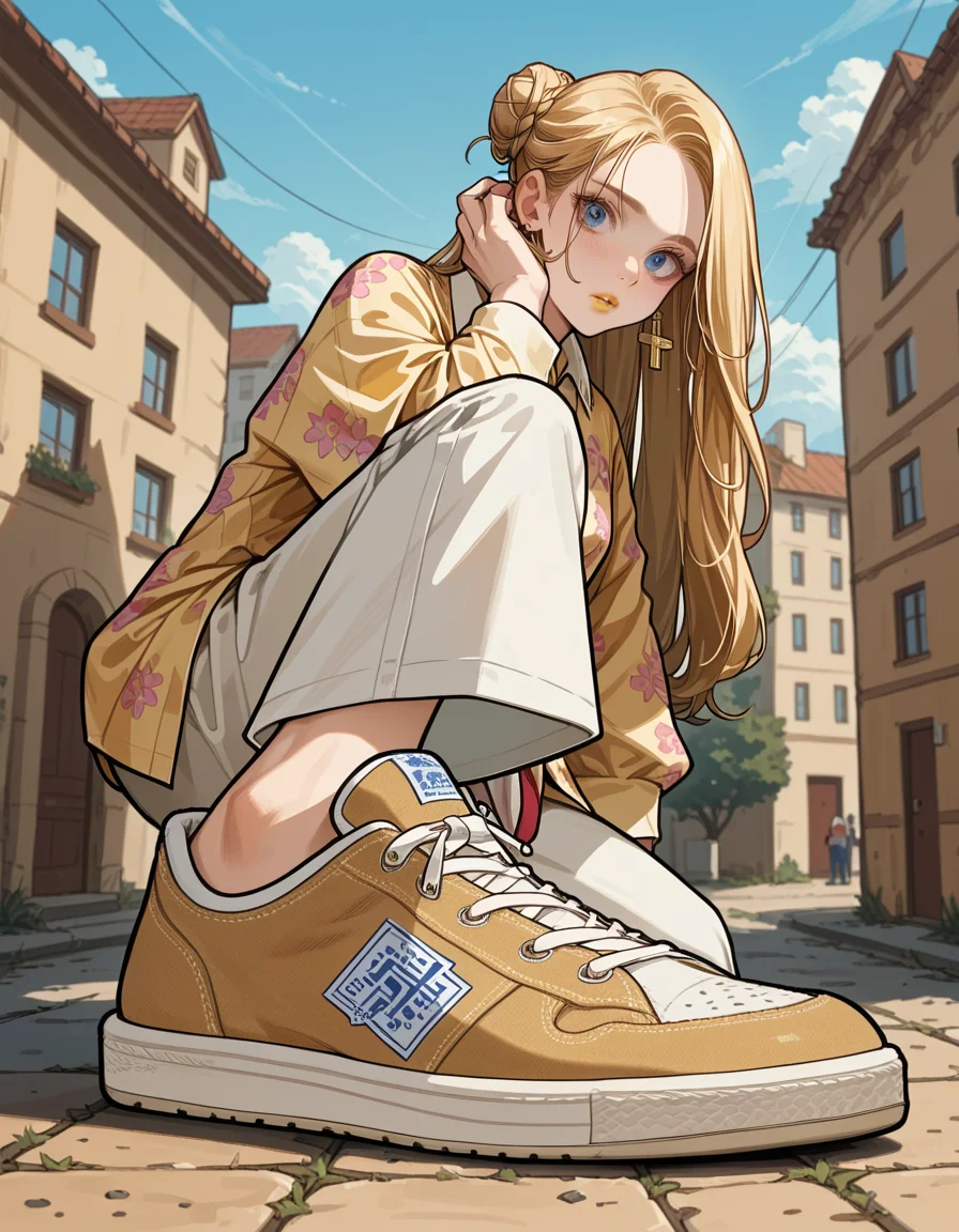 score_9, score_8_up, score_7_up, score_6_up, score_5_up, score_4_up, hud_sh03_sh0w, 1girl, solo, Pink , Slippers, Floral print button-up shirt, white cropped pants, and navy blue espadrilles, Madame, Short, in shape, Oval Face, Dark Skin, Golden Blonde Hair, Blue Eyes, Straight Nose, Thin Lips, Sharp Chin, Long Hair, Coarse Hair, Twisted Bun, firm breasts, Dangle earrings, golden velvet lipstick, Exclusive art gallery opening foreshortening, looking at viewer, <lora:showinshoes:0.8>, outdoors,