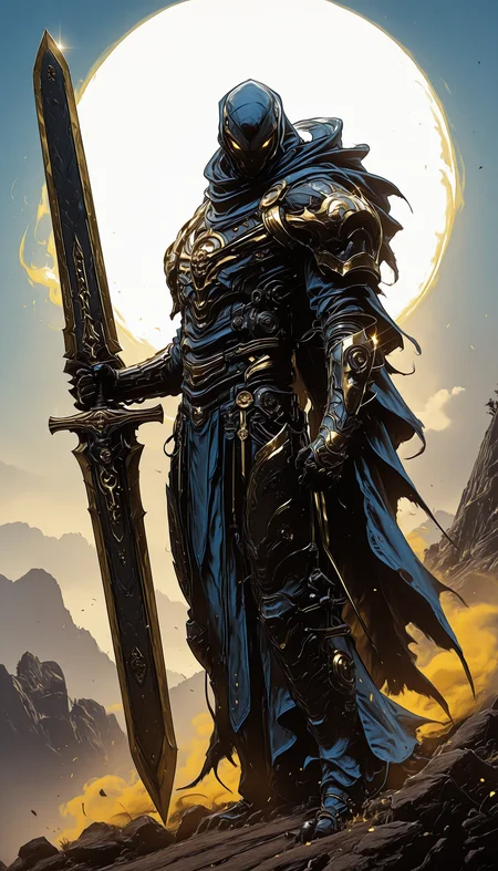 holding weapon, fighting stance, holding  buster sword,huge weapon,, WCG-Illu,, kaarea masterpiece, best quality, high quality, ultra-detailed, realistic,  traditional media, vivid_color, high contrast, speed lines, move_effects, action Create a detailed digital artwork of a menacing, armored figure standing atop a rocky terrain. The figure is clad in dark, metallic armor with gold accents, and wields a long, ornate sword with a golden hilt. The armor is intricately designed with sharp, angular features, and the figure's face is obscured by a hood, adding to the enigmatic aura. The background features a dramatic sky with hues of orange and gray, suggesting either dawn or dusk. The overall style should reflect dark fantasy or gothic themes, with a focus on creating a sense of foreboding and mystery. solo, 1boy, holding, standing, full_body, yellow_eyes, weapon, horns, sword, holding_weapon, cape, armor, no_humans, glowing, holding_sword, helmet, gauntlets, glowing_eyes, fantasy, full_armor,    holding weapon, fighting stance, holding  buster sword,huge weapon,, WCG-Illu,, kaarea