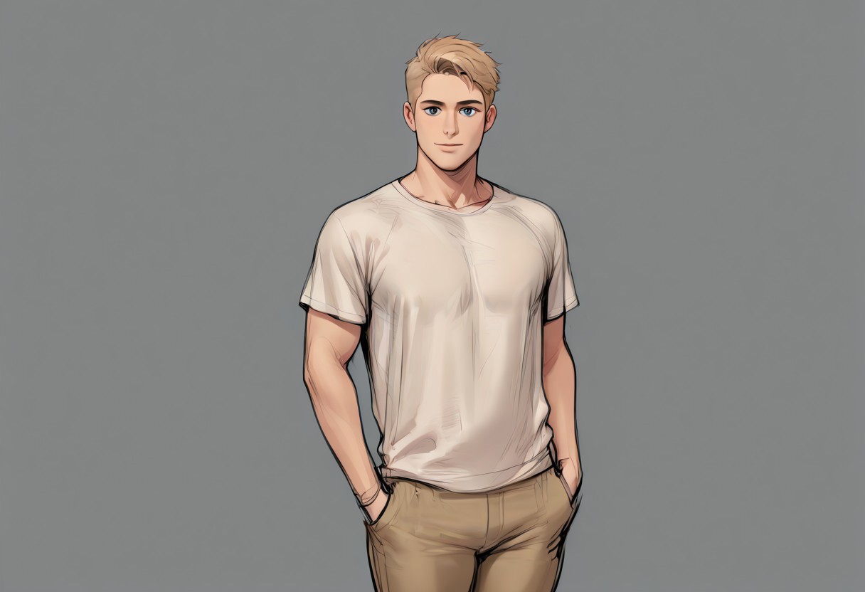 (((beautiful, high quality))), score_9, score_8_up, score_7_up, score_9, score_8_up, score_8, masterpiece, best quality, unrealistically high details, extremely high quality, ultra high detail, 4k absurd_res, hi_res, Expressive, easynegative, male, (solo:1.3), 27 years old, shiet light blond hair, thin skinny body, masculine, soft shadows, grinning, (belly inflation:0.),(gigantic belly:0), sketch, colorful, human face, confident, grey background, wearing light brown leather pants, wearing loose grey wool shirt, standing in a tropical jungle