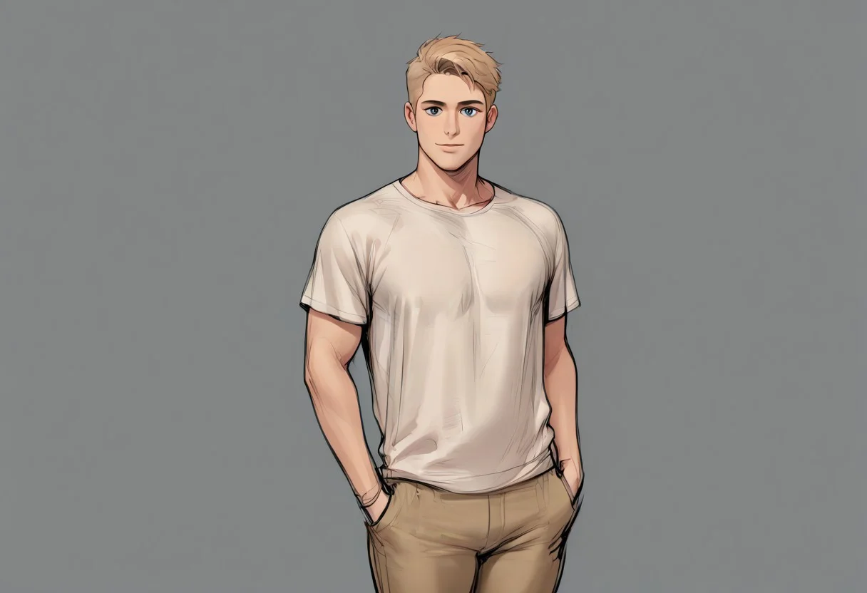 (((beautiful, high quality))), score_9, score_8_up, score_7_up, score_9, score_8_up, score_8, masterpiece, best quality, unrealistically high details, extremely high quality, ultra high detail, 4k absurd_res, hi_res, Expressive, easynegative, male, (solo:1.3), 27 years old, shiet light blond hair, thin skinny body, masculine, soft shadows, grinning, (belly inflation:0.),(gigantic belly:0), sketch, colorful, human face, confident, grey background, wearing light brown leather pants, wearing loose grey wool shirt, standing in a tropical jungle