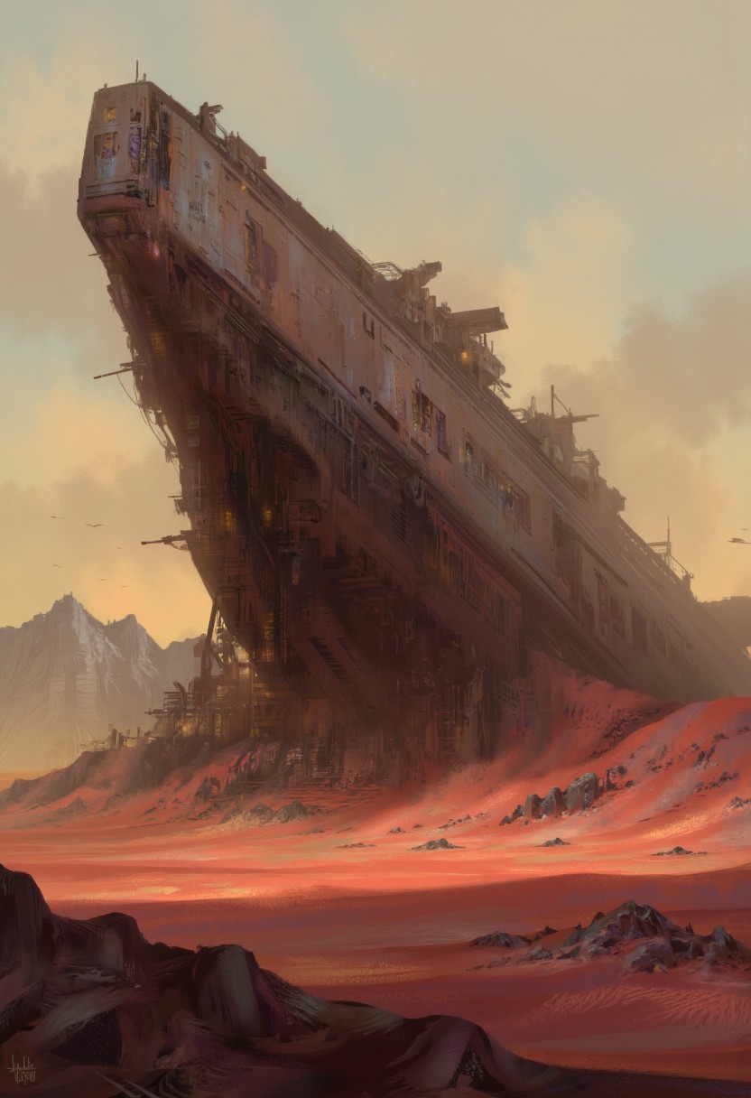 in the style of ck-sfc,, A digital painting in the style of ck-js, A colossal, ancient battleship lies abandoned on a desolate alien world, its rusted hull fractured and weathered by eons of neglect. The barren planet stretches endlessly—cracked, dusty plains under a hazy amber sky, where jagged mountains pierce the horizon like forgotten sentinels. The ship’s skeletal frame, half-buried in crimson sand, tilts precariously, its once-imposing gun turrets now skeletal and silent. Faded insignias cling to peeling metal, and shattered viewports stare emptily into the void. The air shimmers with heat, casting elongated shadows as a dying sun dips low, bathing the scene in hues of tarnished bronze and ashen violet. Craters scar the land nearby, hinting at a cataclysmic battle lost to time. The only movement is the whisper of dust devils spiraling across the dead horizon, as if the planet itself mourns the ship’s forgotten legacy.