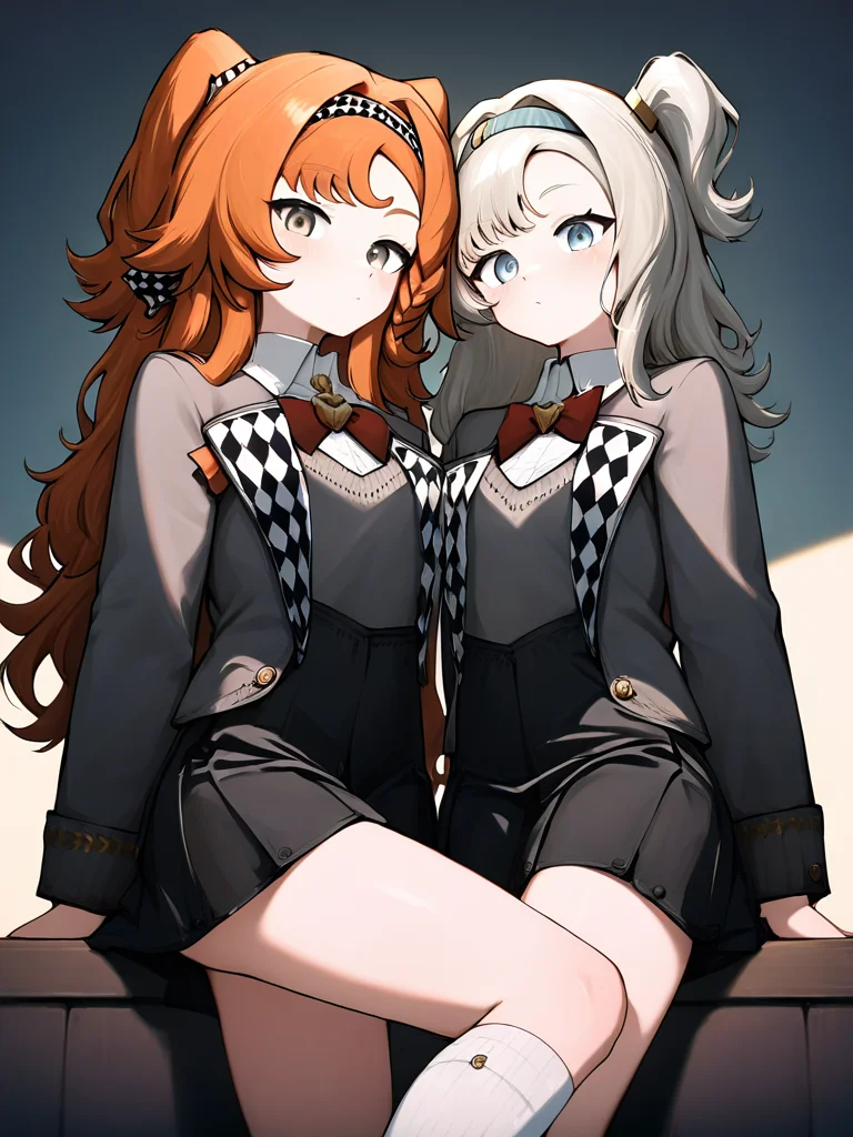 2girls,,black skirt,collared shirt,grey sweater,kneehighs,matilda\(reverse\),red bow,red bowtie,school uniform,white socks,looking at viewer,jacket,(sonetto\(reverse:1999\)),(brown eyes:0.8),asymmetrical_docking,blue eyes,<lora:madilda-000006:1.2>, masterpiece, best quality, very aesthetic, absurdres