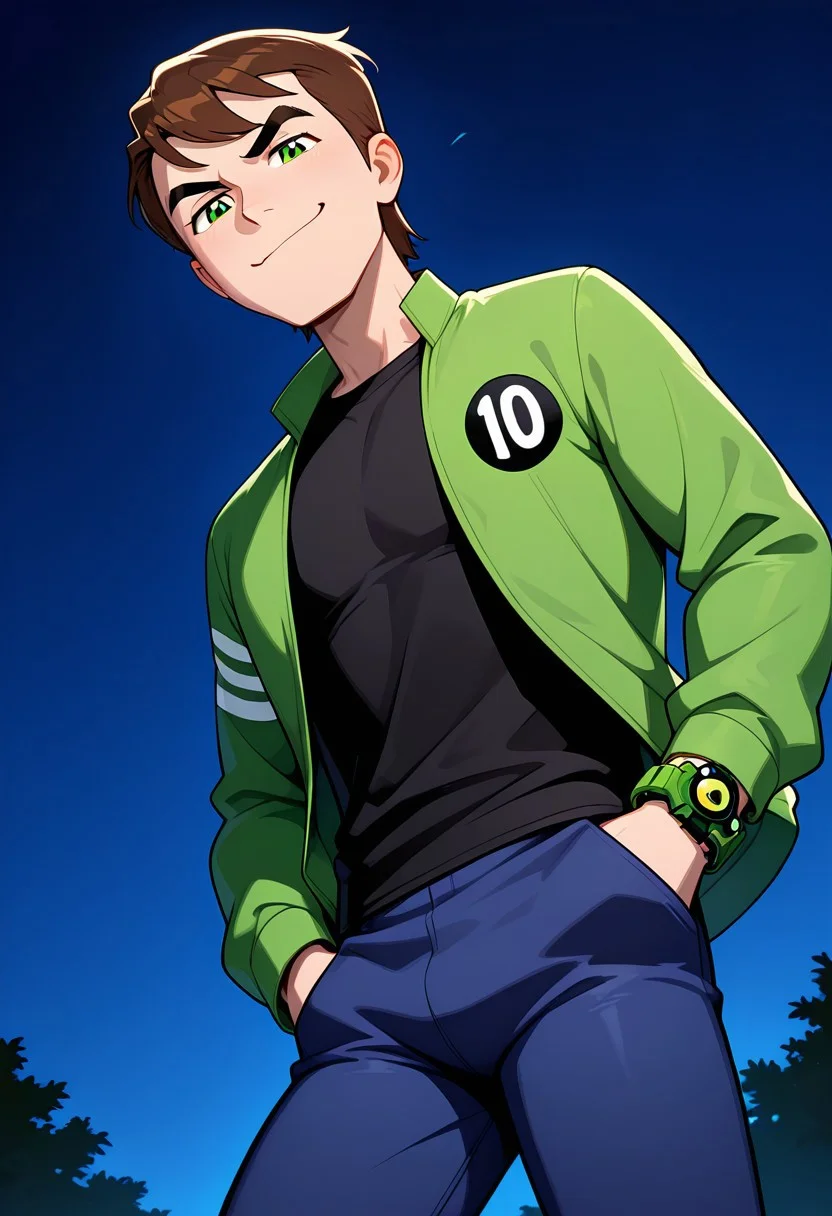masterpiece, best quality, amazing quality, very aesthetic, absurdres, newest, detailed background,
solo, benuaf, short hair, 1boy, brown hair, green jacket, open jacket, black shirt, long sleeves, thick eyebrows, blue pants, green eyes, green watch, angry, smile, wide face, wide head,
jacket blowing in the wind, from below, looking at viewer, hands in pocket, smug smile, night time,
