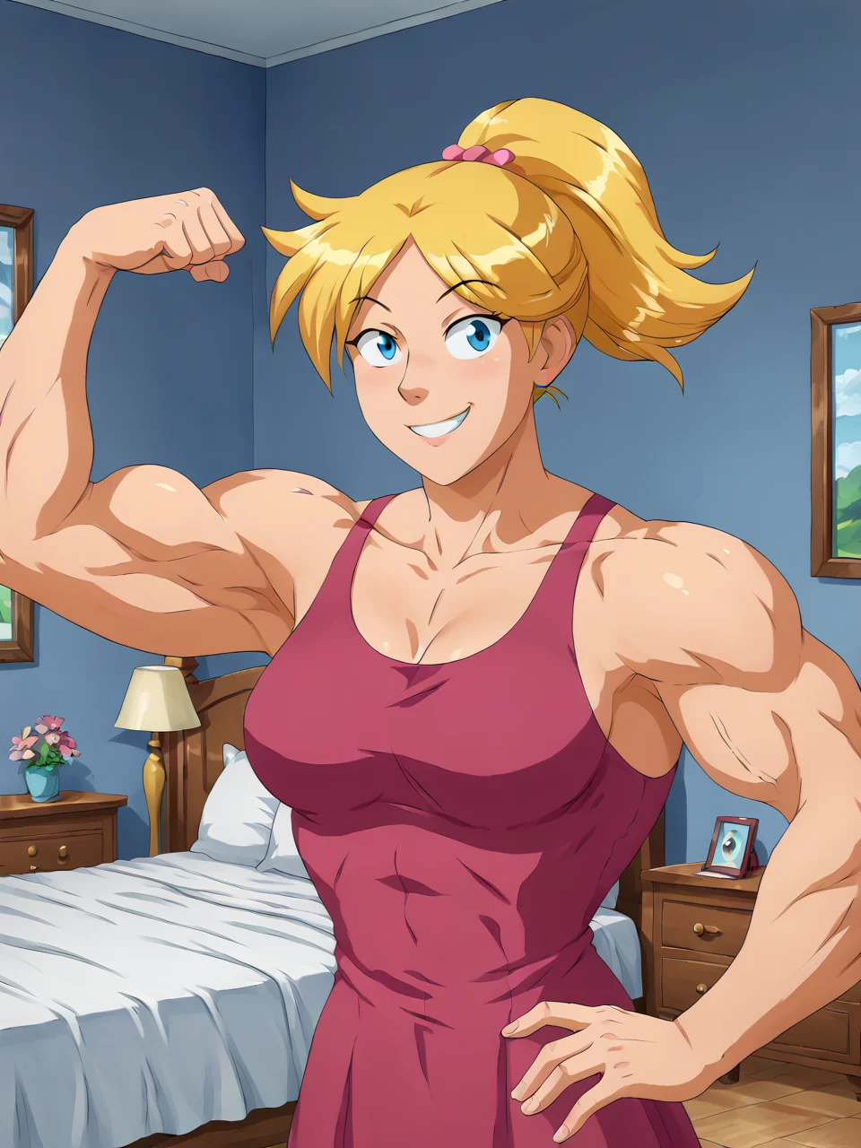 core_9, score_8_up, score_7_up, BREAK, M0sc0l4rCl0v3r, 1girl, solo, blue eyes, blonde hair, ponytail, pink dress, muscular female, bedroom, flexing, smile <lora:Muscular_Clover-000009:1>