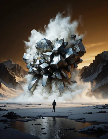 A CGI (computer-generated imagery) artwork depicting a surreal, cosmic landscape. The scene is set at night with a dim, orange-tinted sky, suggesting a twilight or early morning hour. The horizon is dominated by rugged, snow-capped mountains that cast long, dark shadows, indicating a low angle of the sun.
In the foreground, a solitary figure stands on a reflective, icy surface, likely a frozen lake or glacier. The figure is a man wearing a dark jacket, jeans, and a hat, with a rugged, masculine appearance. His stance is contemplative, facing the surreal, central object.
At the center of the image is a massive, abstract, crystalline structure resembling an explosion of sharp, jagged fragments. This structure is primarily white with a metallic sheen, casting dramatic shadows and reflecting the ambient light. The fragments are scattered around the central mass, creating a dynamic, chaotic effect.
The overall mood is mysterious and otherworldly, with a focus on the interplay between the natural elements and the surreal, man-made object. The textures range from the smooth, reflective surface of the ice to the rough, angular facets of the central structure. <lora:landscape:1>