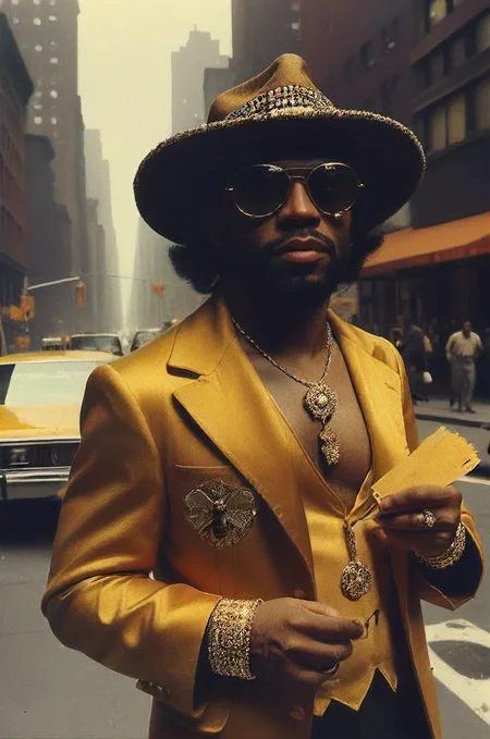 photo of a (bee:1.1) in in 70s pimp outfit standing in the street of new york offering honey-money for certain services, cane, hat, bling, shady street, cinematic, masterpiece, atmospheric, high quality, 8k, high resolution,  <lora:SDXL - Style - EldritchRomanceIllustration1.3.1:0.4> <lora:Fine art photography style:0.4> <lora:Moody__Time:0.4> <lora:- SDXL - creepy_n_freaks_V1.0:0.4> <lora:- SDXL - vanta-black_contrast_V3.0:0.2> <lora:tbh102-sdxl:0.3> <lora:drunken-fist03:0.2>